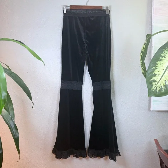 Black Velvety Lace Trim Bootcut Hippie Bohemian Festival Artsy Stretchy Pant M - Picture 5 of 10